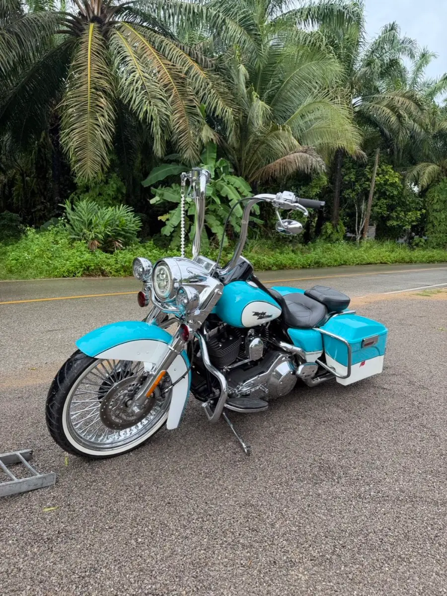 Harley-Davidson สีฟ้าขาวพร้อมกระเป๋าข้าง